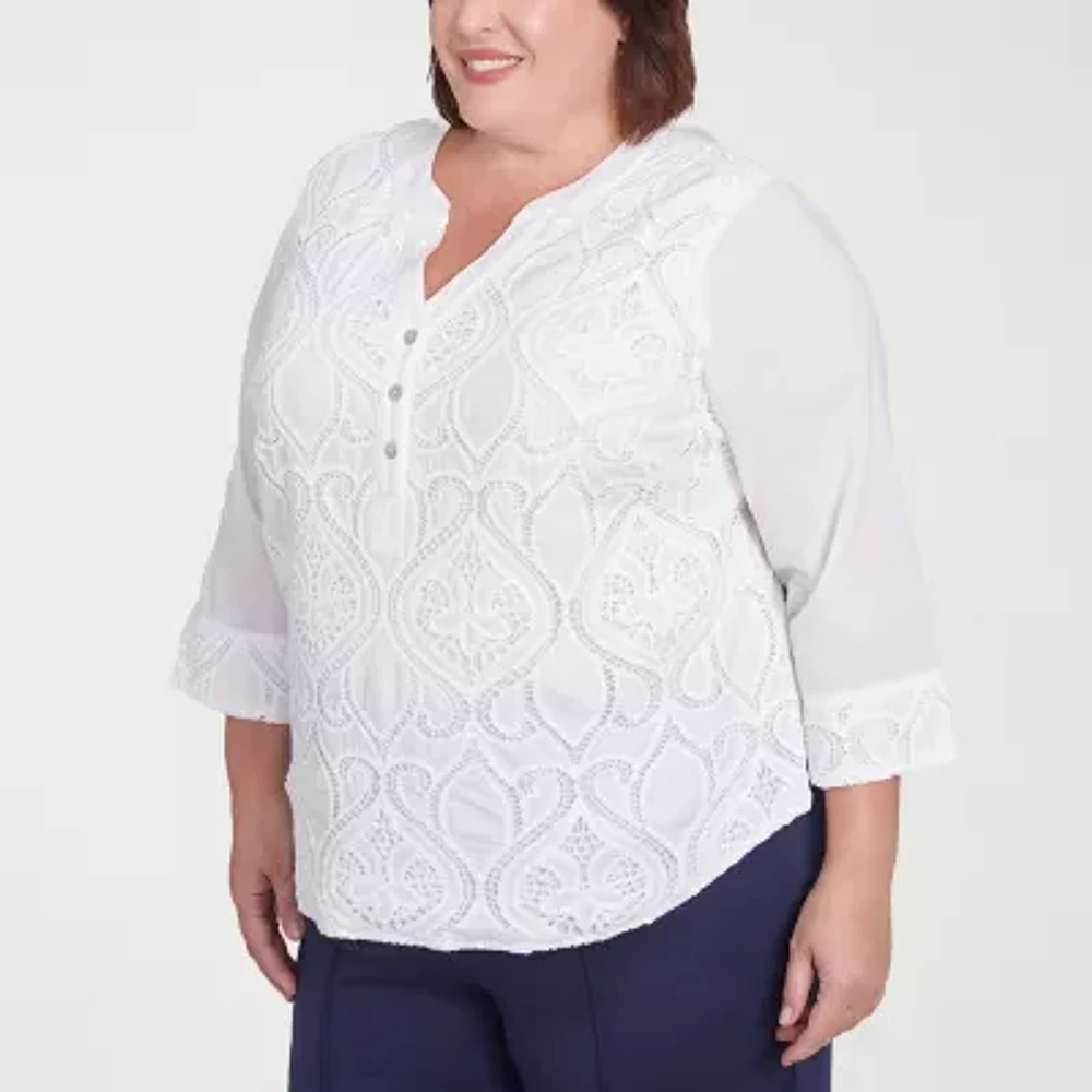 Alfred Dunner Nantucket Womens Split Crew Neck 3/4 Sleeve Plus Blouse