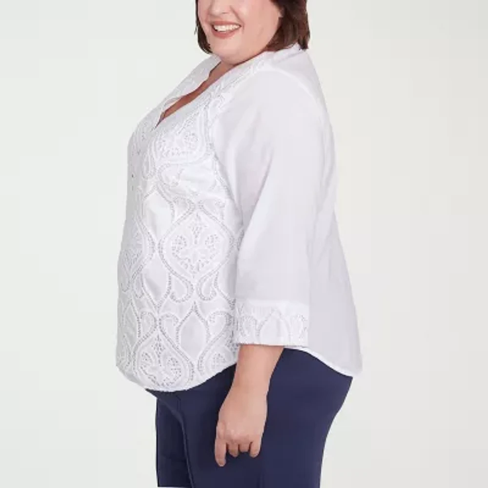 Alfred Dunner Nantucket Womens Split Crew Neck 3/4 Sleeve Plus Blouse