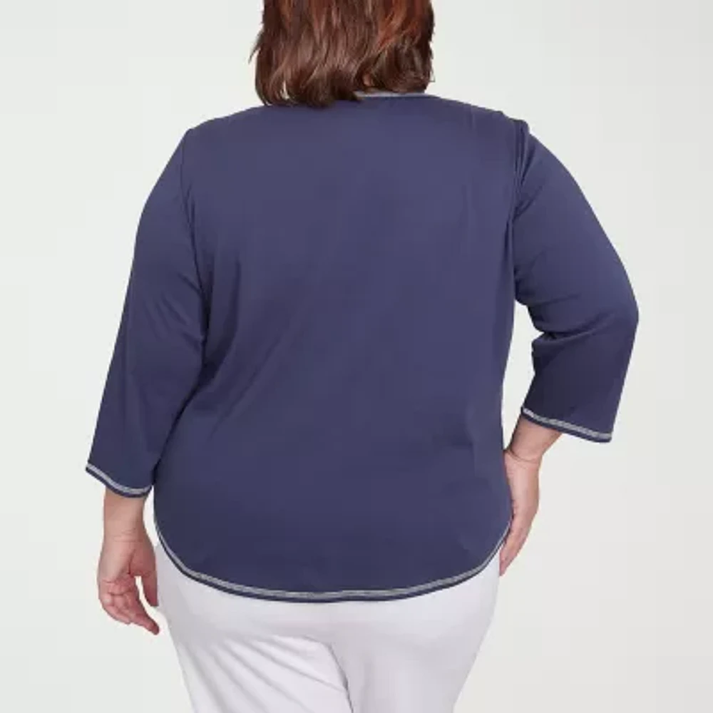 Alfred Dunner Nantucket Womens Crew Neck 3/4 Sleeve Plus T-Shirt