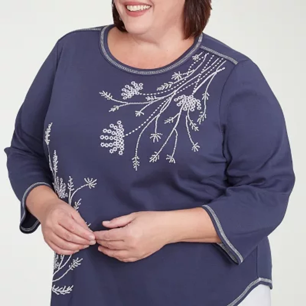 Alfred Dunner Nantucket Womens Crew Neck 3/4 Sleeve Plus T-Shirt