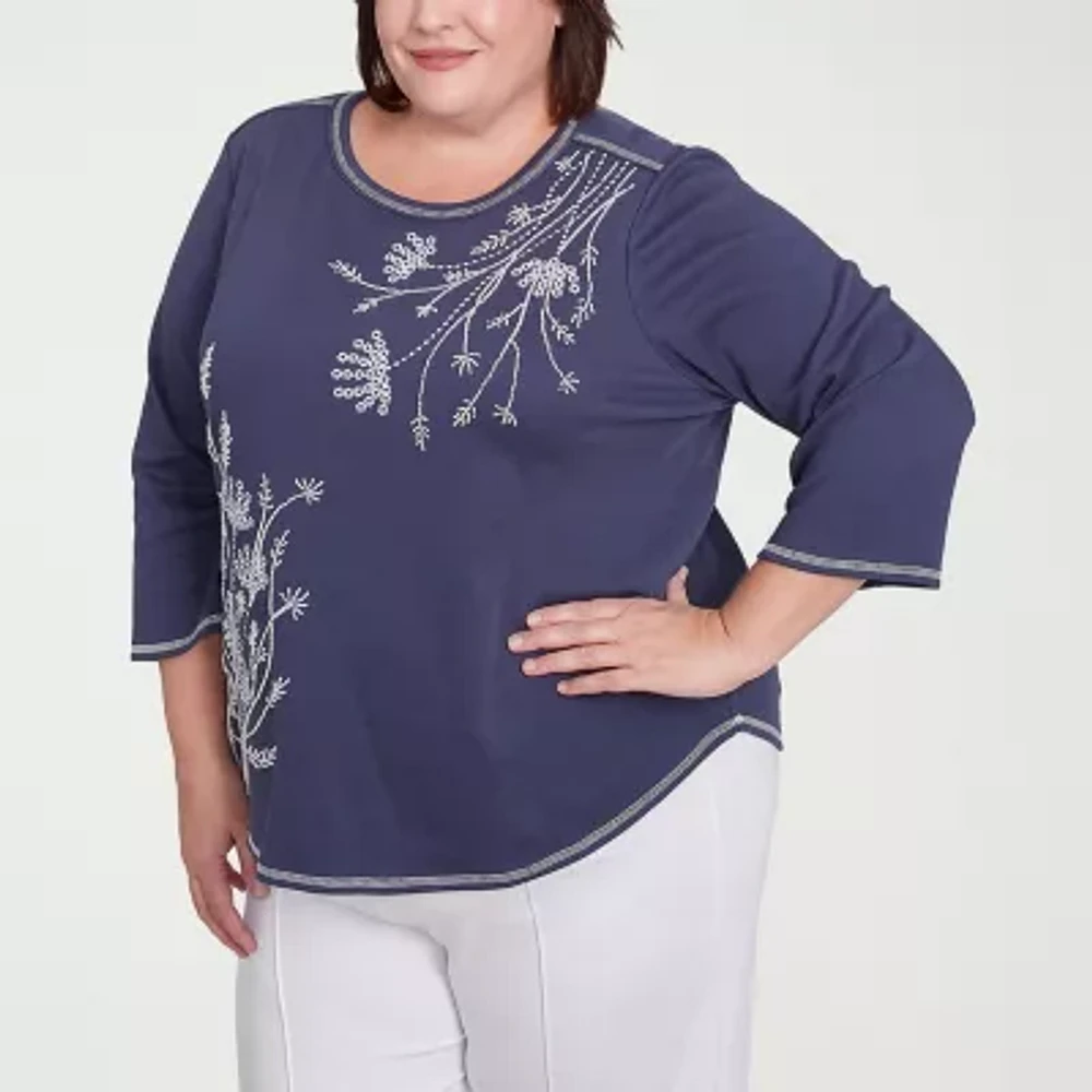 Alfred Dunner Nantucket Womens Crew Neck 3/4 Sleeve Plus T-Shirt
