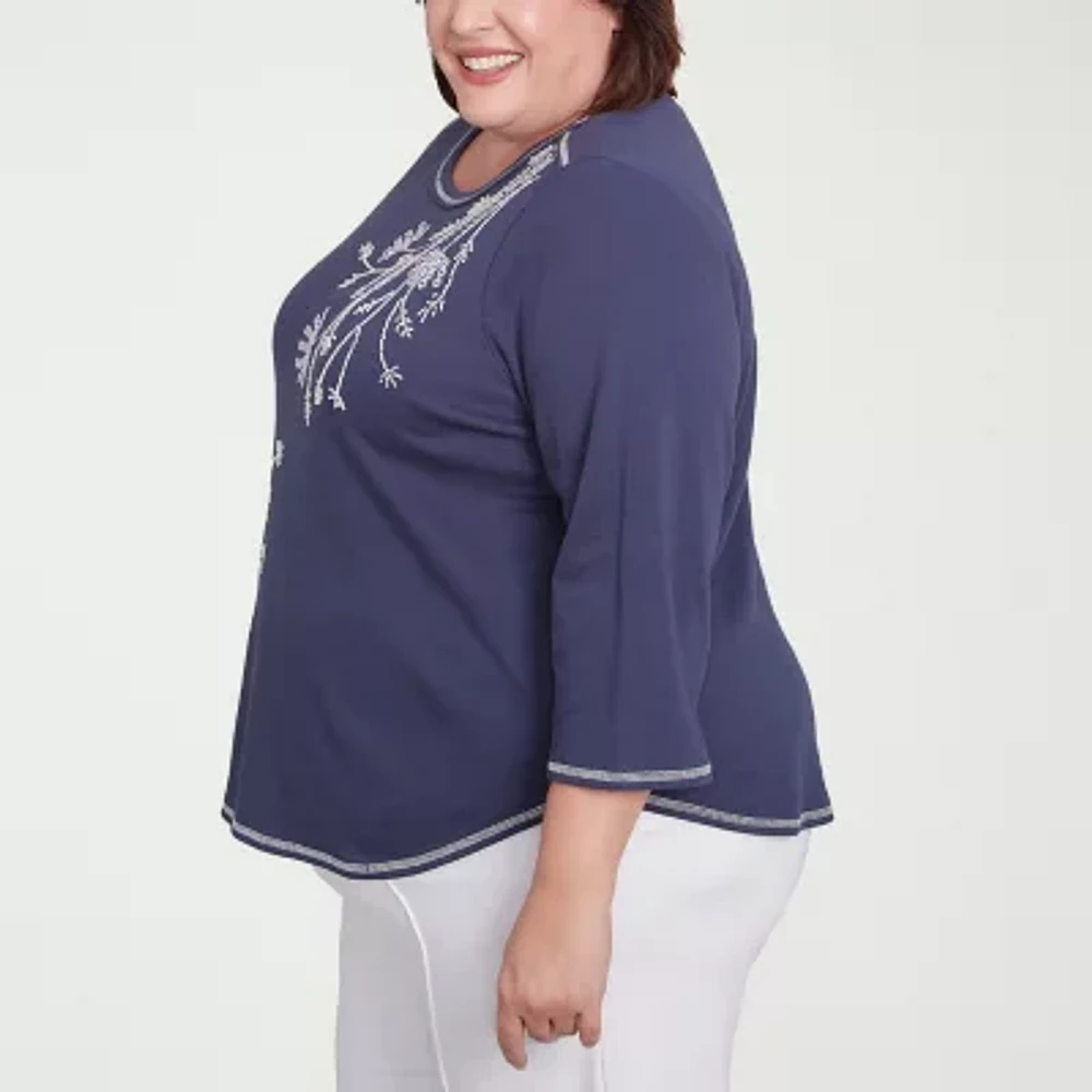 Alfred Dunner Nantucket Womens Crew Neck 3/4 Sleeve Plus T-Shirt