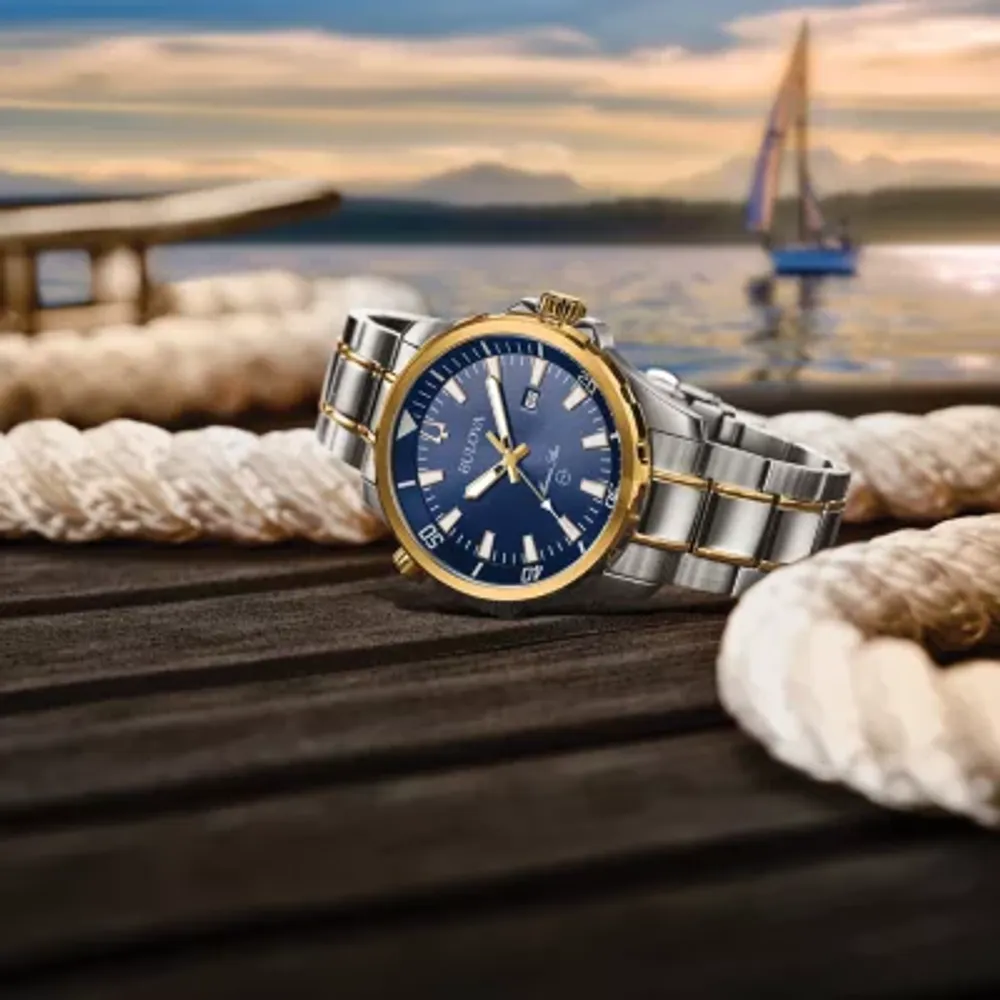 Bulova Marine Star Mens Two Tone Stainless Steel Leather Bracelet Watch 98b384