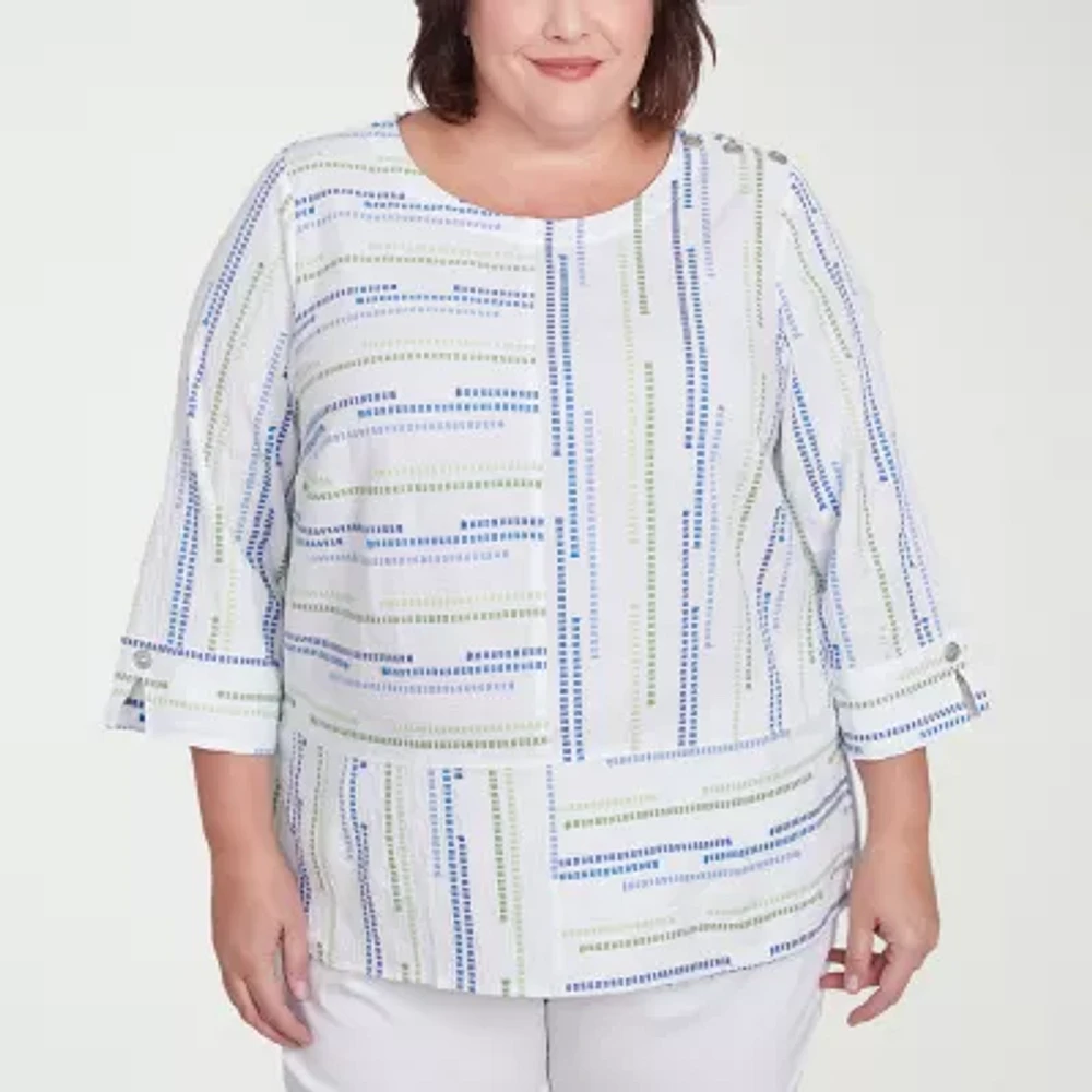 Alfred Dunner Parrot Cay Womens Crew Neck 3/4 Sleeve Plus Blouse
