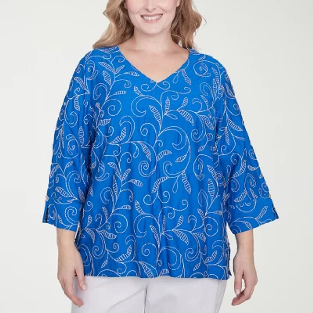 Alfred Dunner Parrot Cay Womens V Neck 3/4 Sleeve Embroidered Plus Blouse