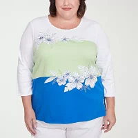 Alfred Dunner Parrot Cay Womens Crew Neck 3/4 Sleeve Plus T-Shirt