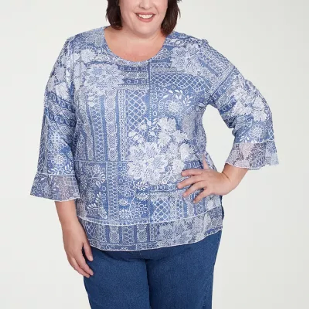 Alfred Dunner Flower Power Womens Crew Neck 3/4 Sleeve Stretch Fabric Plus T-Shirt