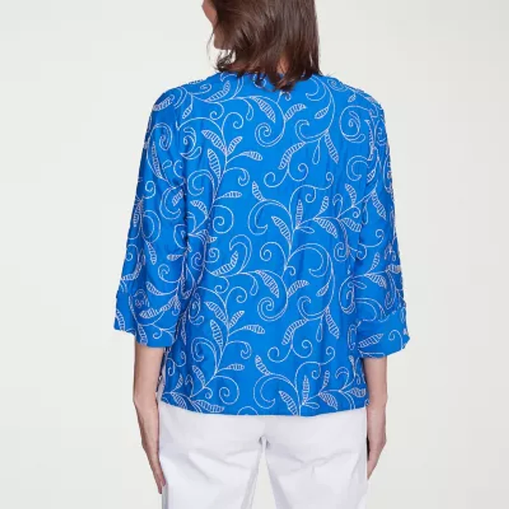 Alfred Dunner Parrot Cay Womens V Neck 3/4 Sleeve Embroidered Blouse