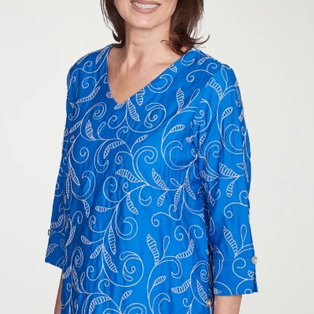 Alfred Dunner Parrot Cay Womens V Neck 3/4 Sleeve Embroidered Blouse