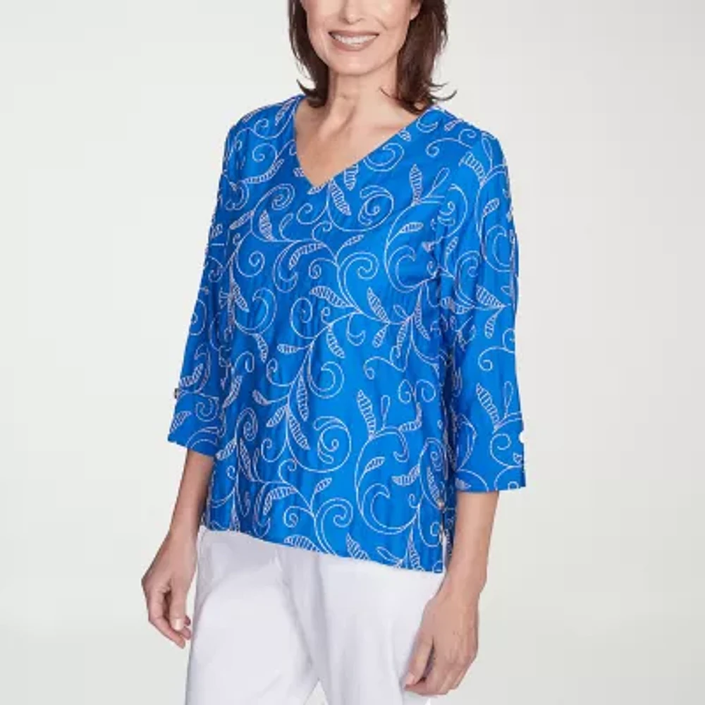 Alfred Dunner Parrot Cay Womens V Neck 3/4 Sleeve Embroidered Blouse