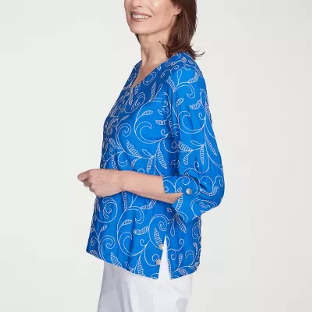 Alfred Dunner Parrot Cay Womens V Neck 3/4 Sleeve Embroidered Blouse