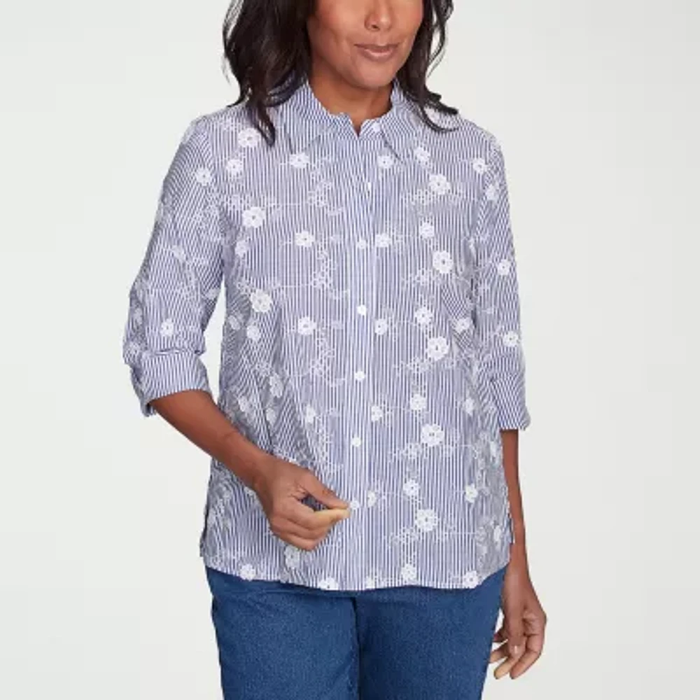 Alfred Dunner Flower Power Womens 3/4 Sleeve Cuffed Button-Down Shirt