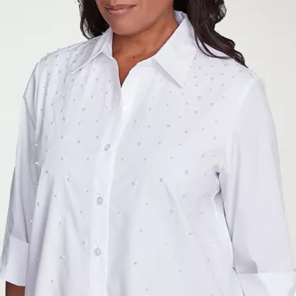 Alfred Dunner Flower Power Womens 3/4 Sleeve Embellished Blouse