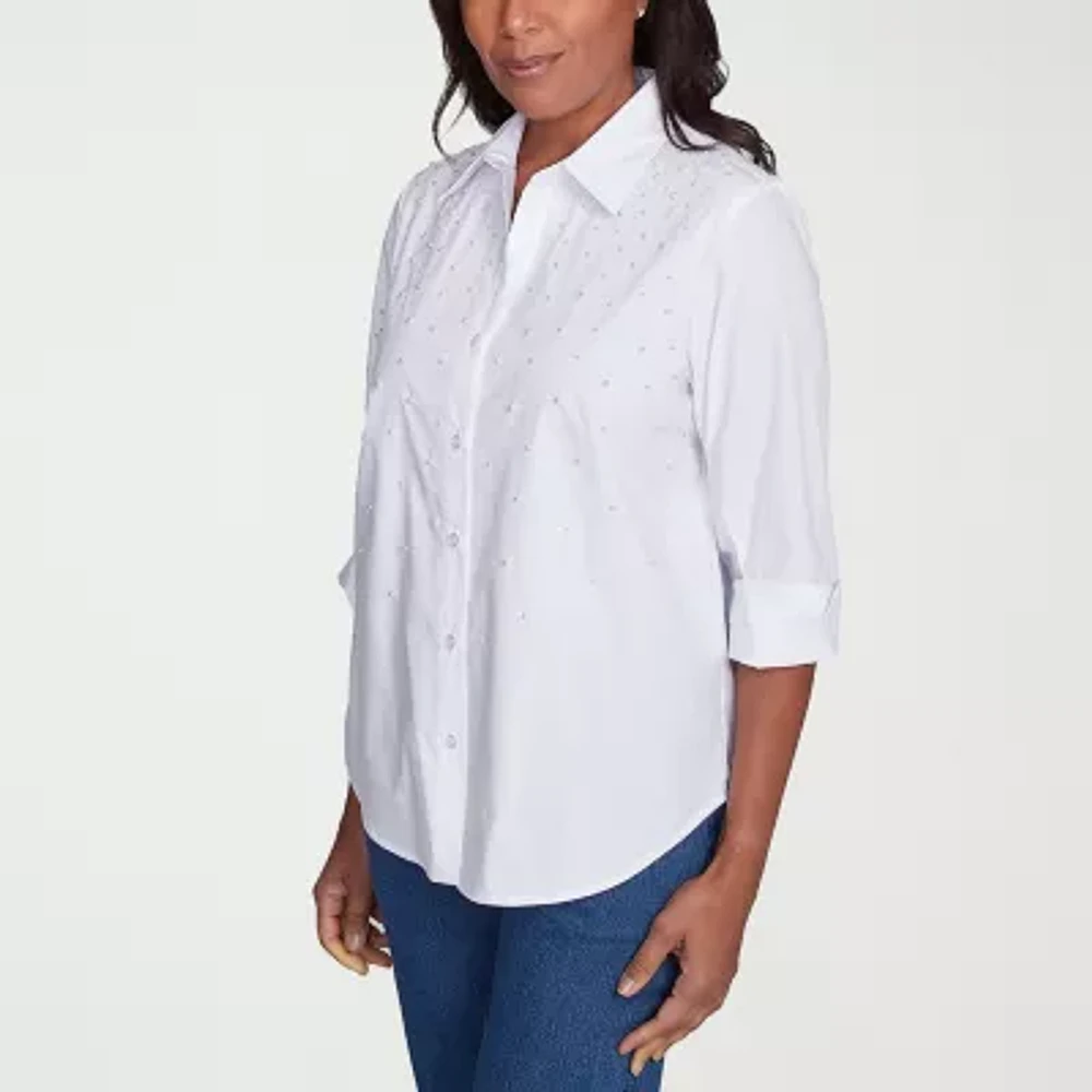 Alfred Dunner Flower Power Womens 3/4 Sleeve Embellished Blouse