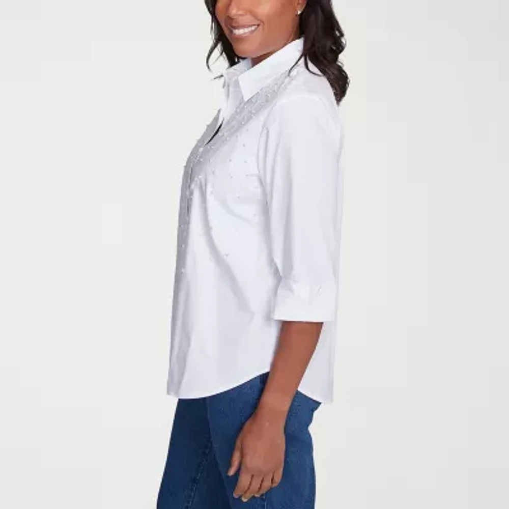 Alfred Dunner Flower Power Womens 3/4 Sleeve Embellished Blouse