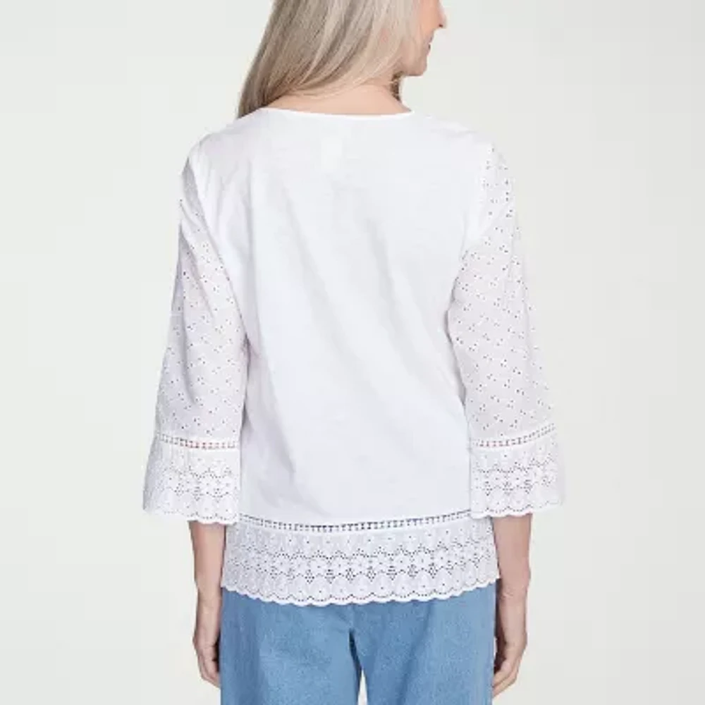 Alfred Dunner Flower Power Womens Split Crew Neck 3/4 Sleeve Embroidered Blouse