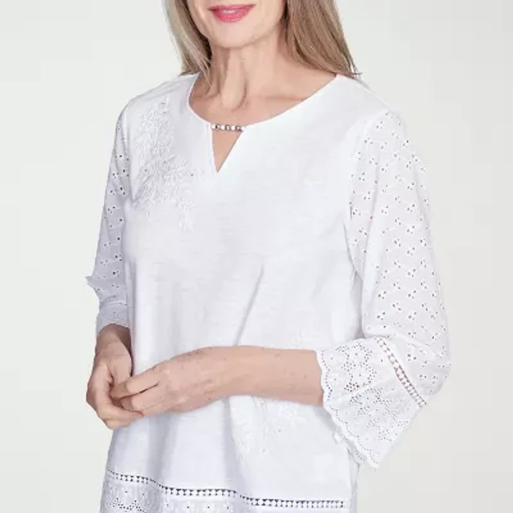 Alfred Dunner Flower Power Womens Split Crew Neck 3/4 Sleeve Embroidered Blouse