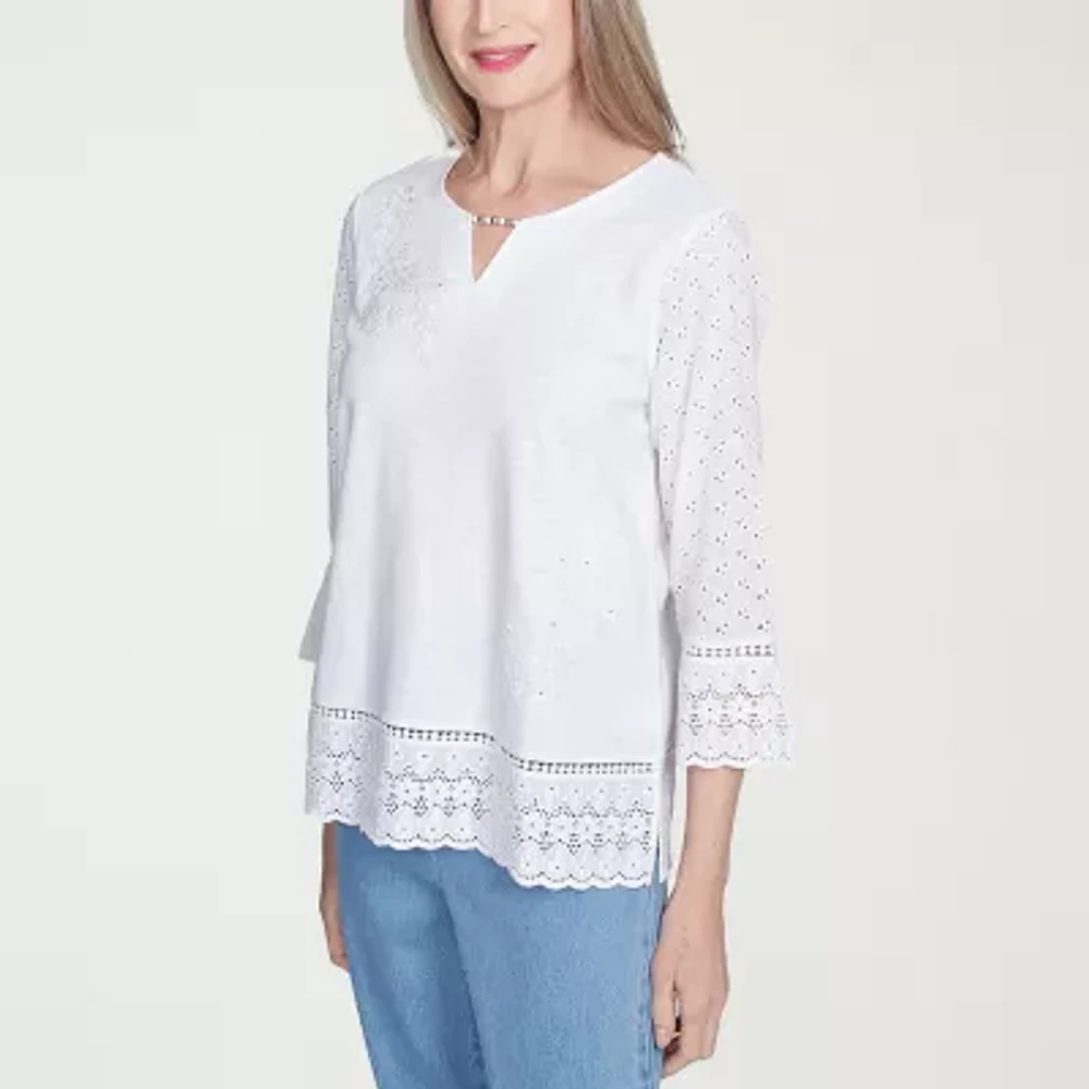 Alfred Dunner Flower Power Womens Split Crew Neck 3/4 Sleeve Embroidered Blouse