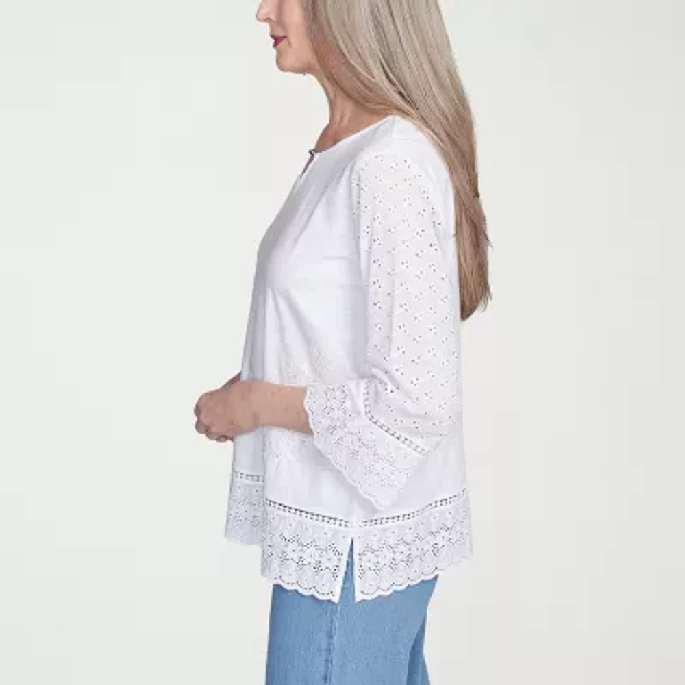 Alfred Dunner Flower Power Womens Split Crew Neck 3/4 Sleeve Embroidered Blouse