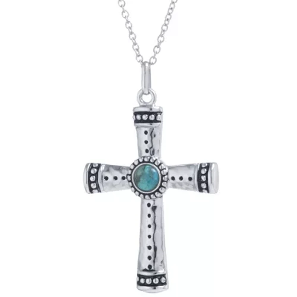 Womens Enhanced Blue Turquoise Sterling Silver Cross 18 Inch Pendant Necklace