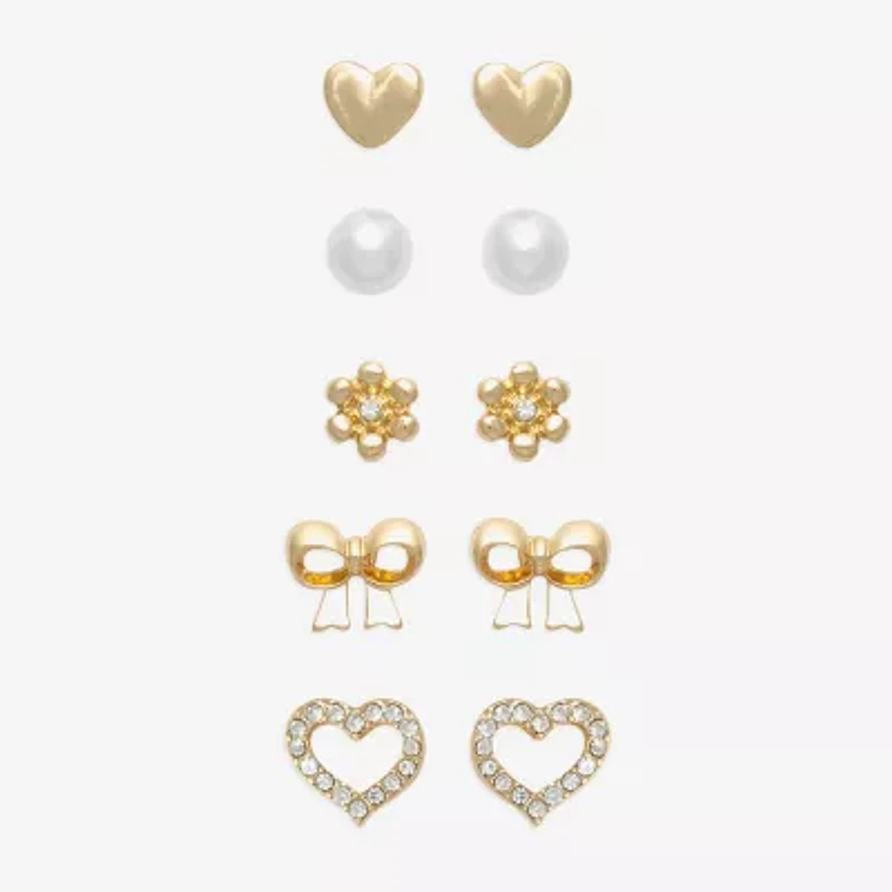 Mixit Womens Cubic Zirconia Simulated Pearl Bow Flower Heart Hypoallergenic 5 Pair Earring Set