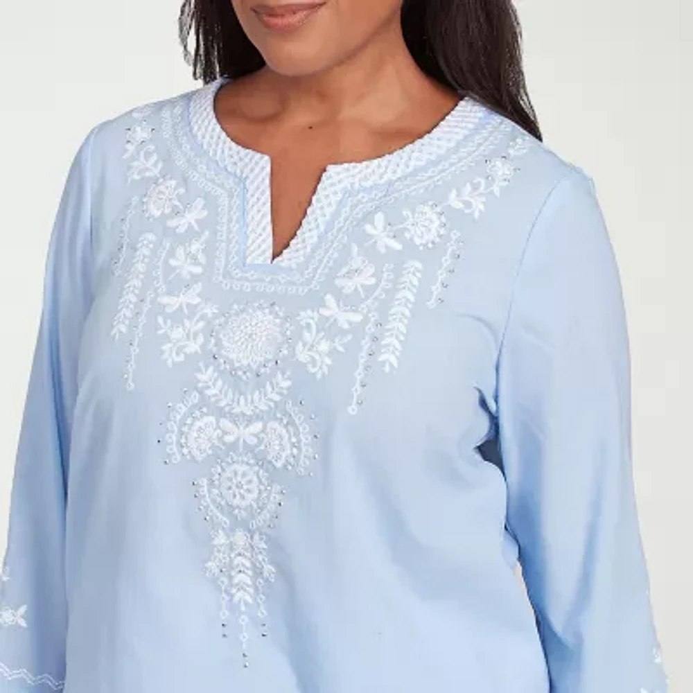 Alfred Dunner Womens Split Crew Neck 3/4 Sleeve Embroidered Blouse