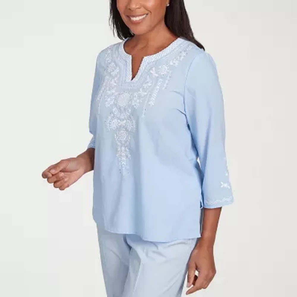 Alfred Dunner Womens Split Crew Neck 3/4 Sleeve Embroidered Blouse