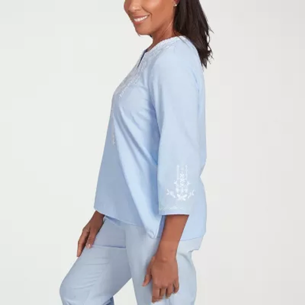 Alfred Dunner Womens Split Crew Neck 3/4 Sleeve Embroidered Blouse