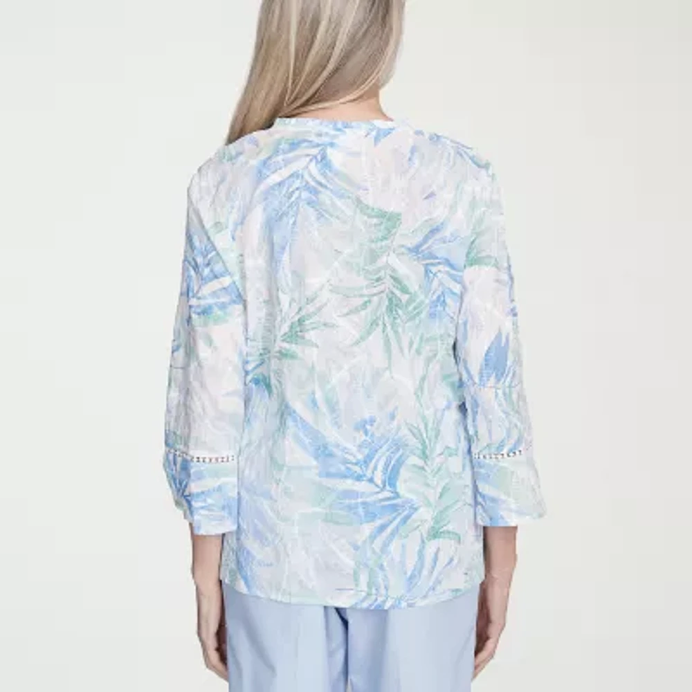 Alfred Dunner St Thomas Womens Split Crew Neck 3/4 Sleeve Bell Embroidered Button-Down Shirt