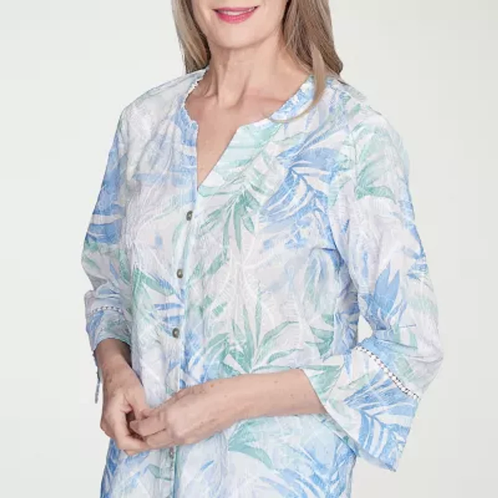 Alfred Dunner St Thomas Womens Split Crew Neck 3/4 Sleeve Bell Embroidered Button-Down Shirt