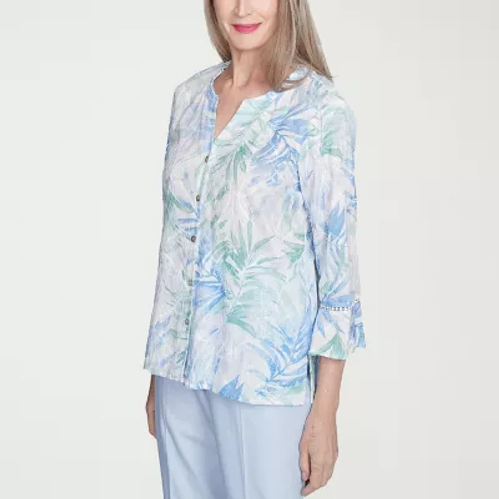 Alfred Dunner St Thomas Womens Split Crew Neck 3/4 Sleeve Bell Embroidered Button-Down Shirt