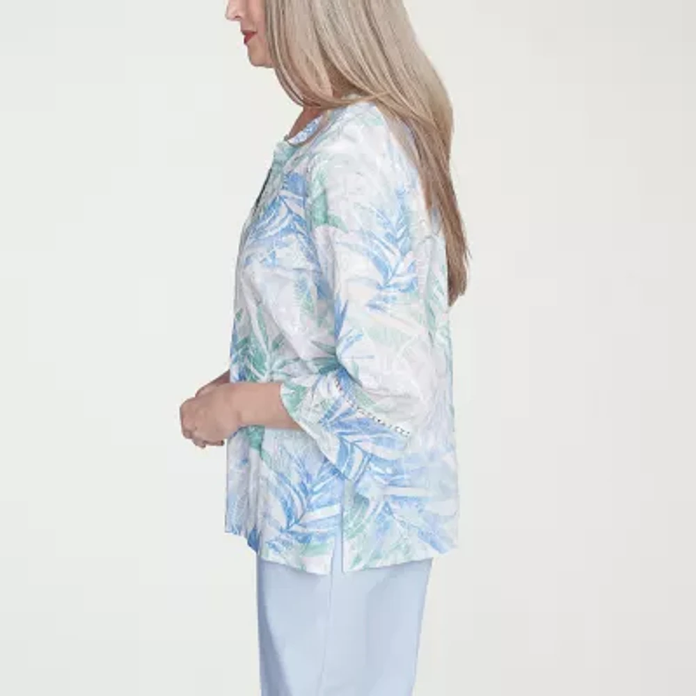 Alfred Dunner St Thomas Womens Split Crew Neck 3/4 Sleeve Bell Embroidered Button-Down Shirt