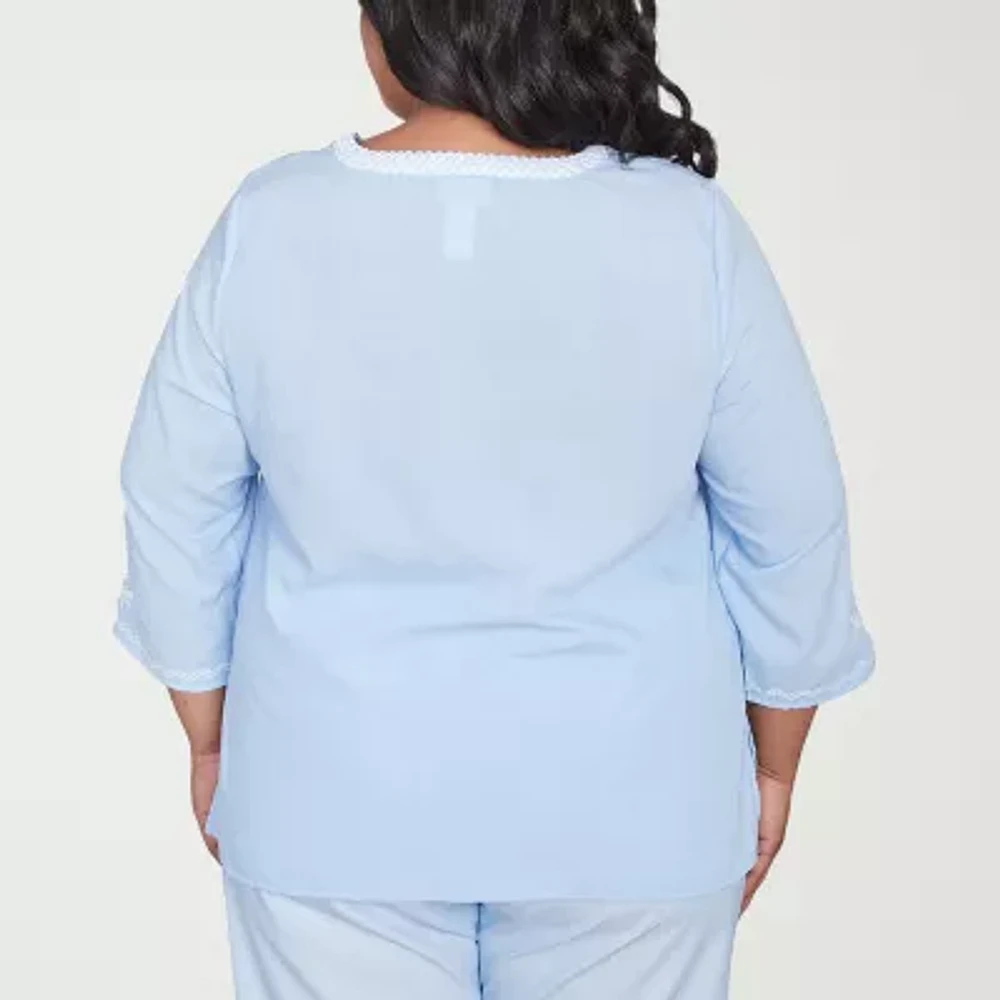 Alfred Dunner St Thomas Womens Split Crew Neck 3/4 Sleeve Embroidered Plus Blouse