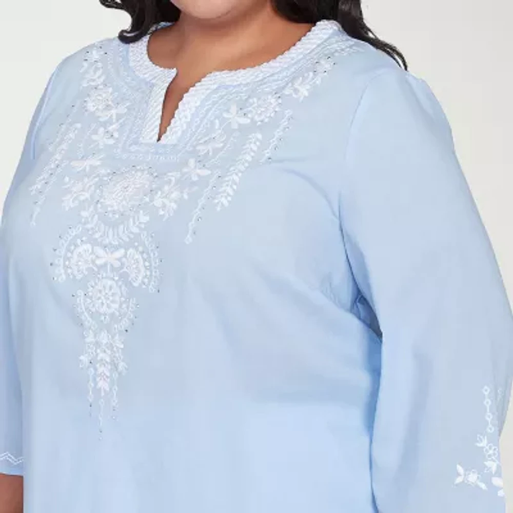 Alfred Dunner St Thomas Womens Split Crew Neck 3/4 Sleeve Embroidered Plus Blouse