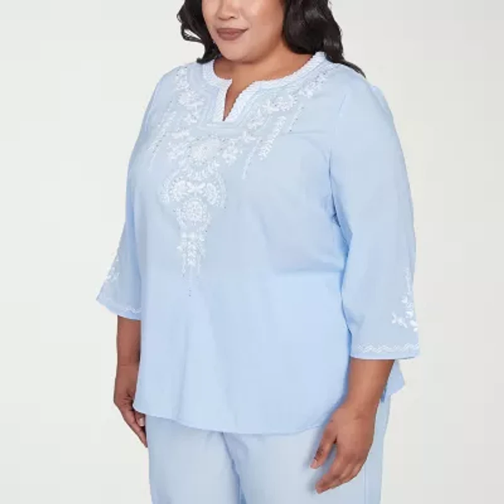 Alfred Dunner St Thomas Womens Split Crew Neck 3/4 Sleeve Embroidered Plus Blouse