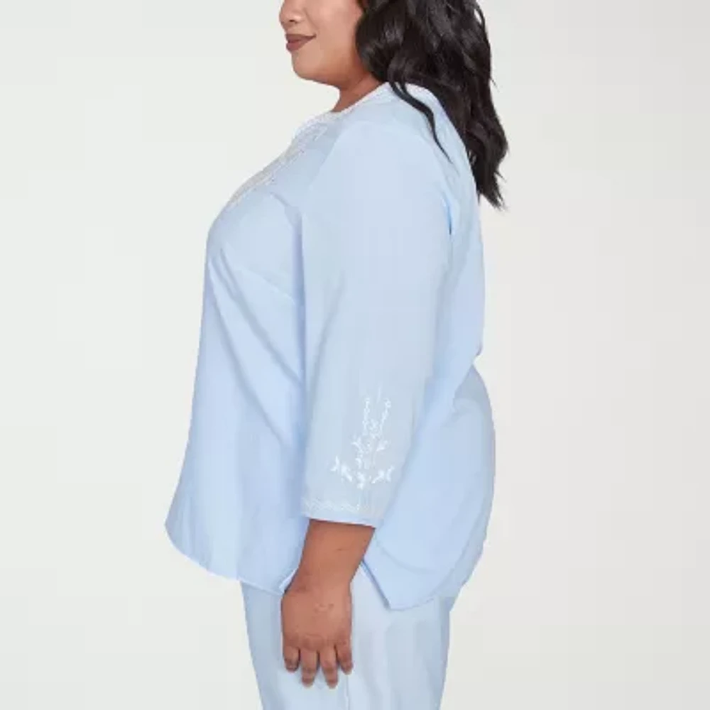 Alfred Dunner St Thomas Womens Split Crew Neck 3/4 Sleeve Embroidered Plus Blouse