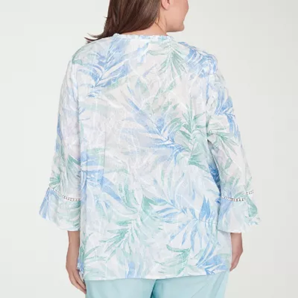 Alfred Dunner St Thomas Womens Y Neck 3/4 Sleeve Embroidered Plus Button-Down Shirt