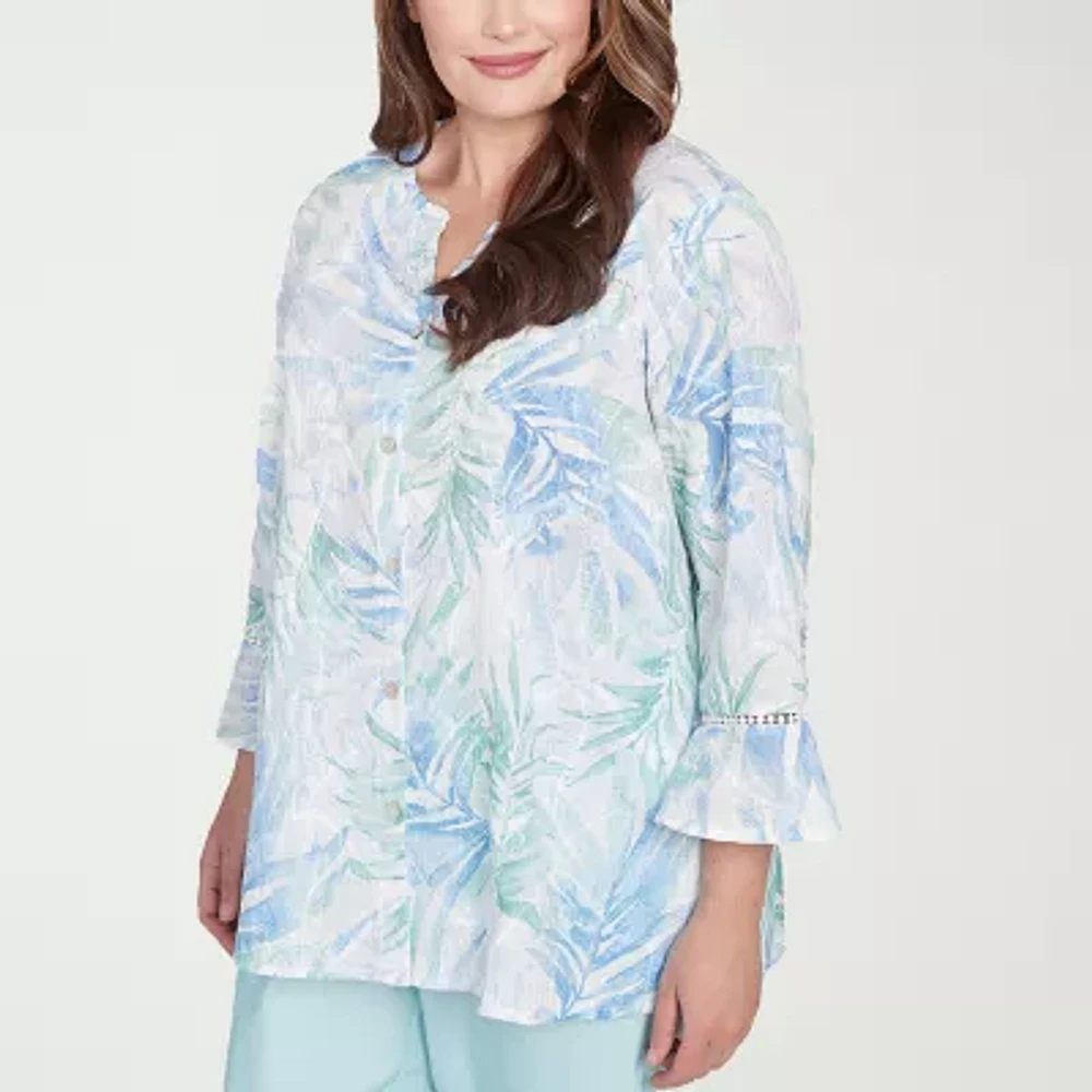 Alfred Dunner St Thomas Womens Y Neck 3/4 Sleeve Embroidered Plus Button-Down Shirt