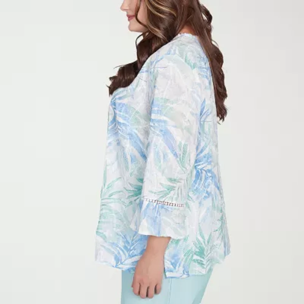 Alfred Dunner St Thomas Womens Y Neck 3/4 Sleeve Embroidered Plus Button-Down Shirt