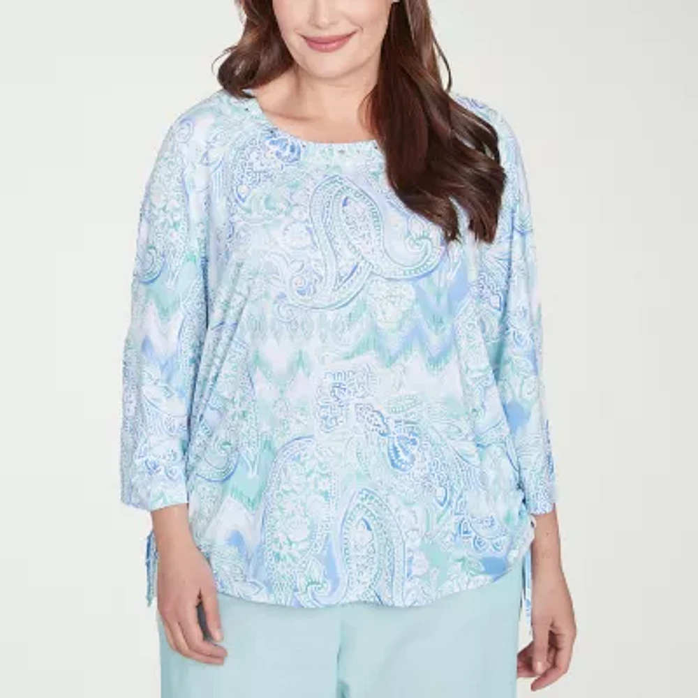 Alfred Dunner Womens Crew Neck 3/4 Sleeve Stretch Fabric Plus T-Shirt