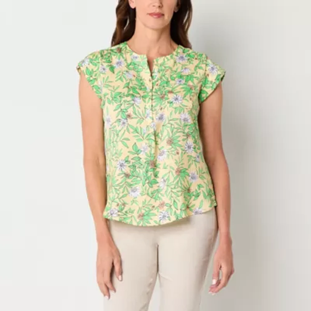 Liz Claiborne Womens Crew Neck Short Sleeve Cap Regular Fit Tall Button-Down Shirt