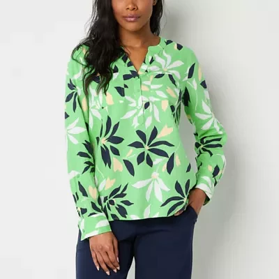 Liz Claiborne Womens Split Crew Neck Long Sleeve Blouse