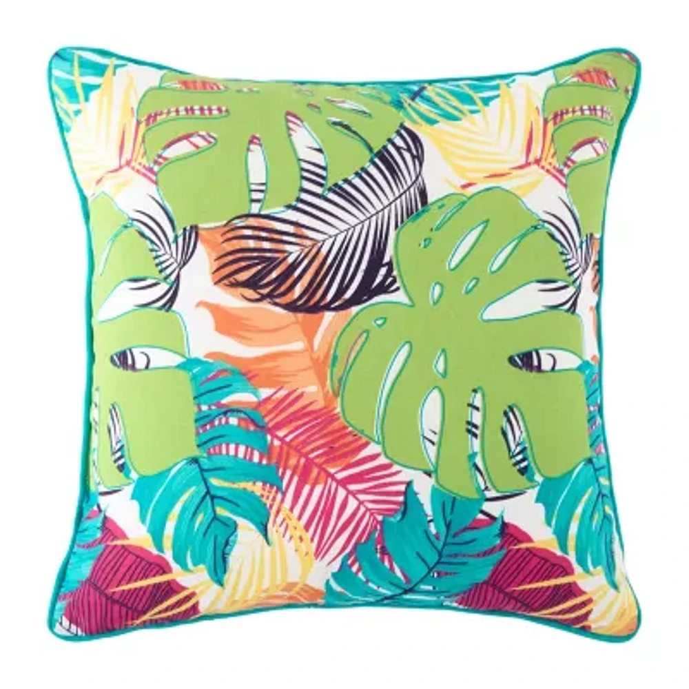 Turquoise Sun Printed Leaf Print Square Throw Pillow