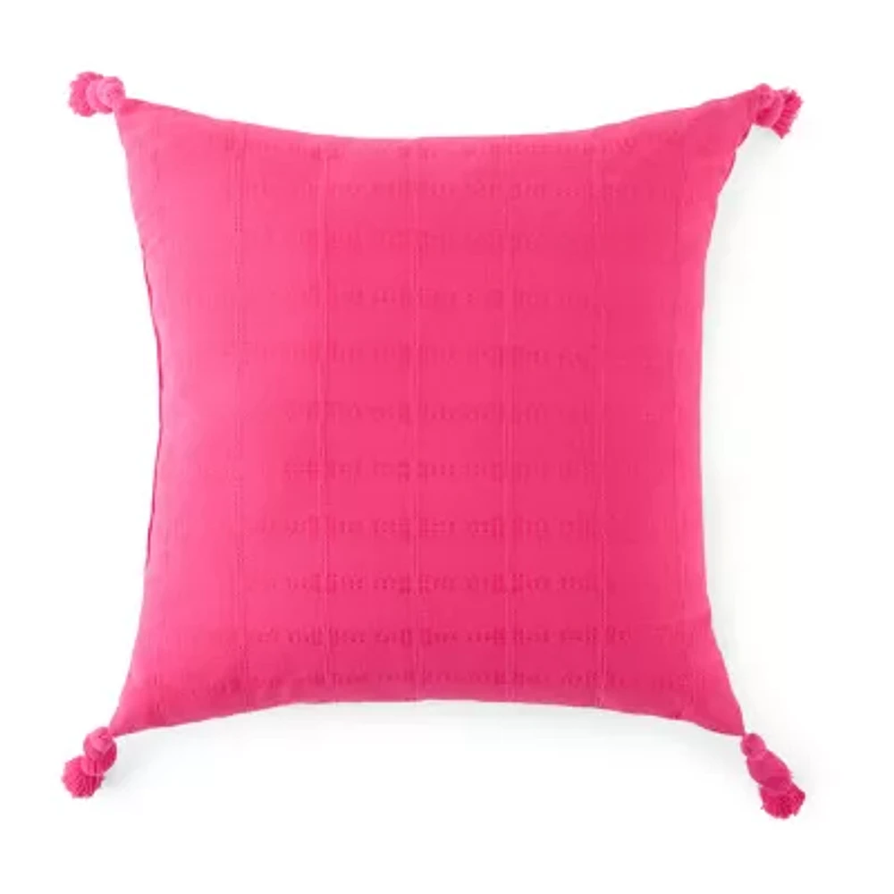 Turquoise Sun Textured With Tassels Pink Square Throw Pillow