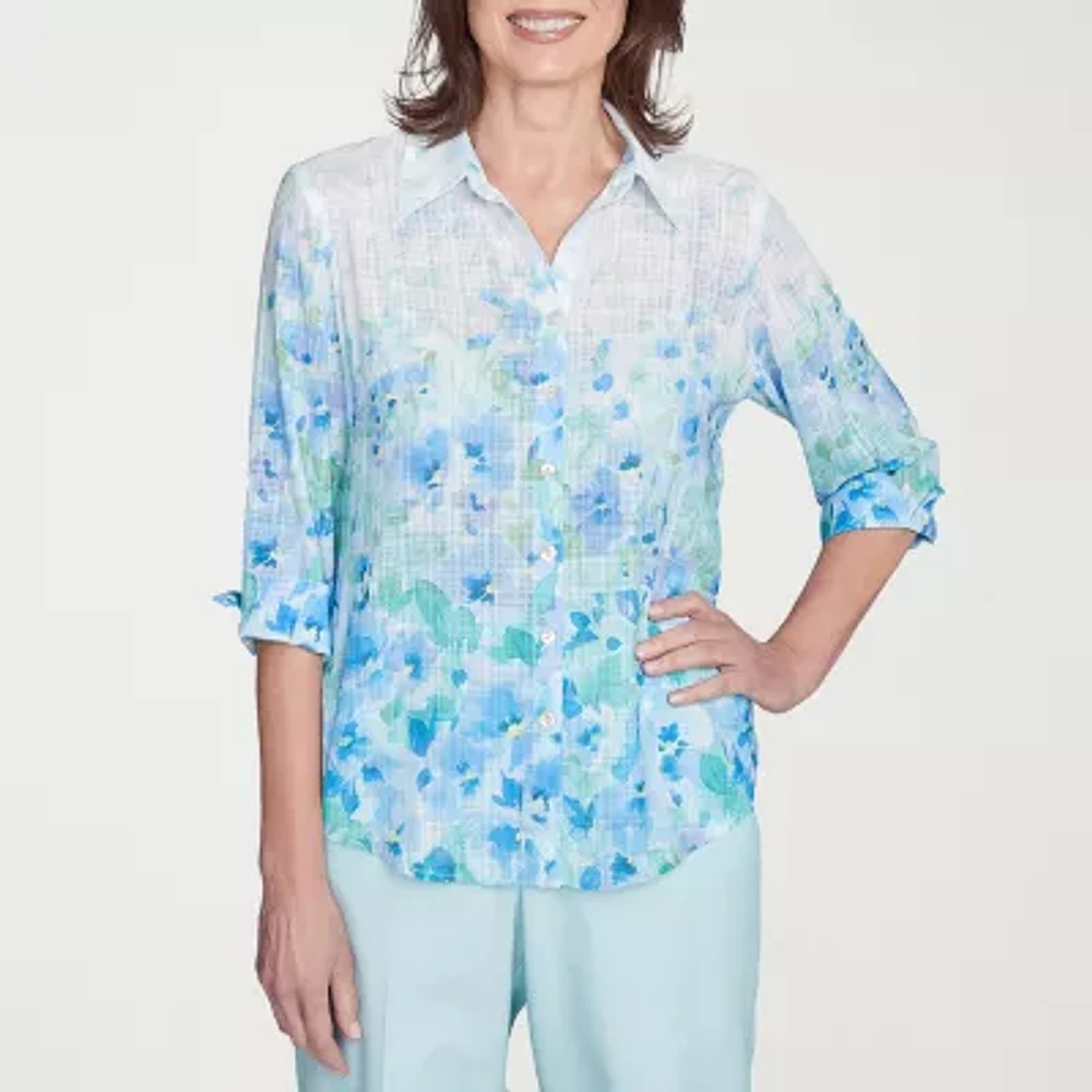 Alfred Dunner Womens 3/4 Sleeve Cuffed Button-Down Shirt