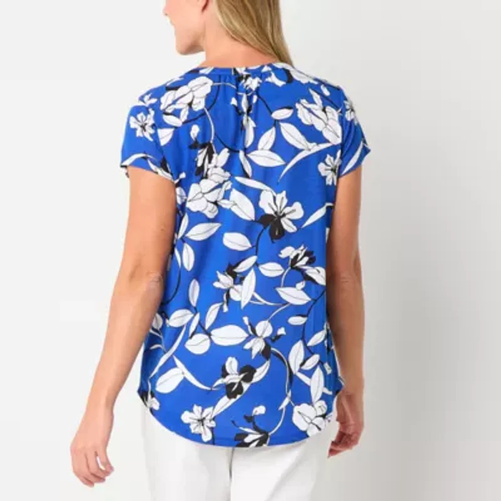 Liz Claiborne Womens Split Crew Neck Short Sleeve Blouse