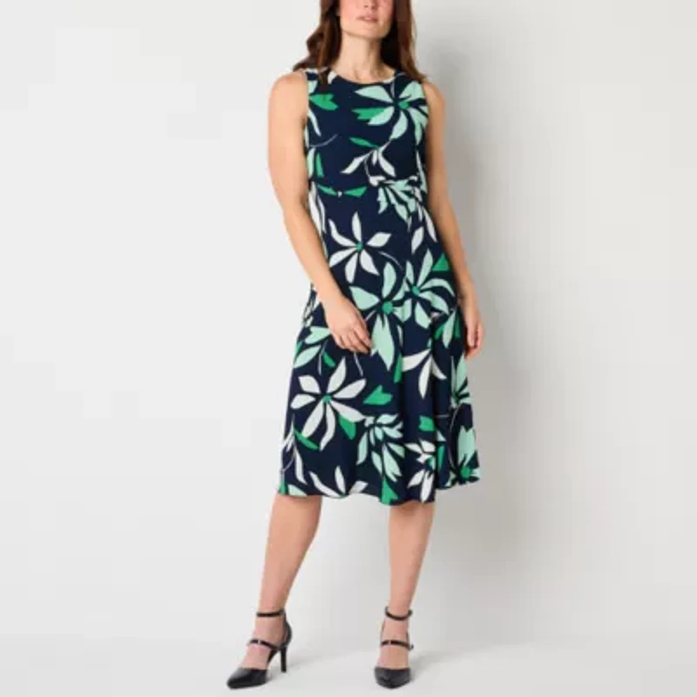 Liz Claiborne Womens Sleeveless Midi Floral A-Line Dress