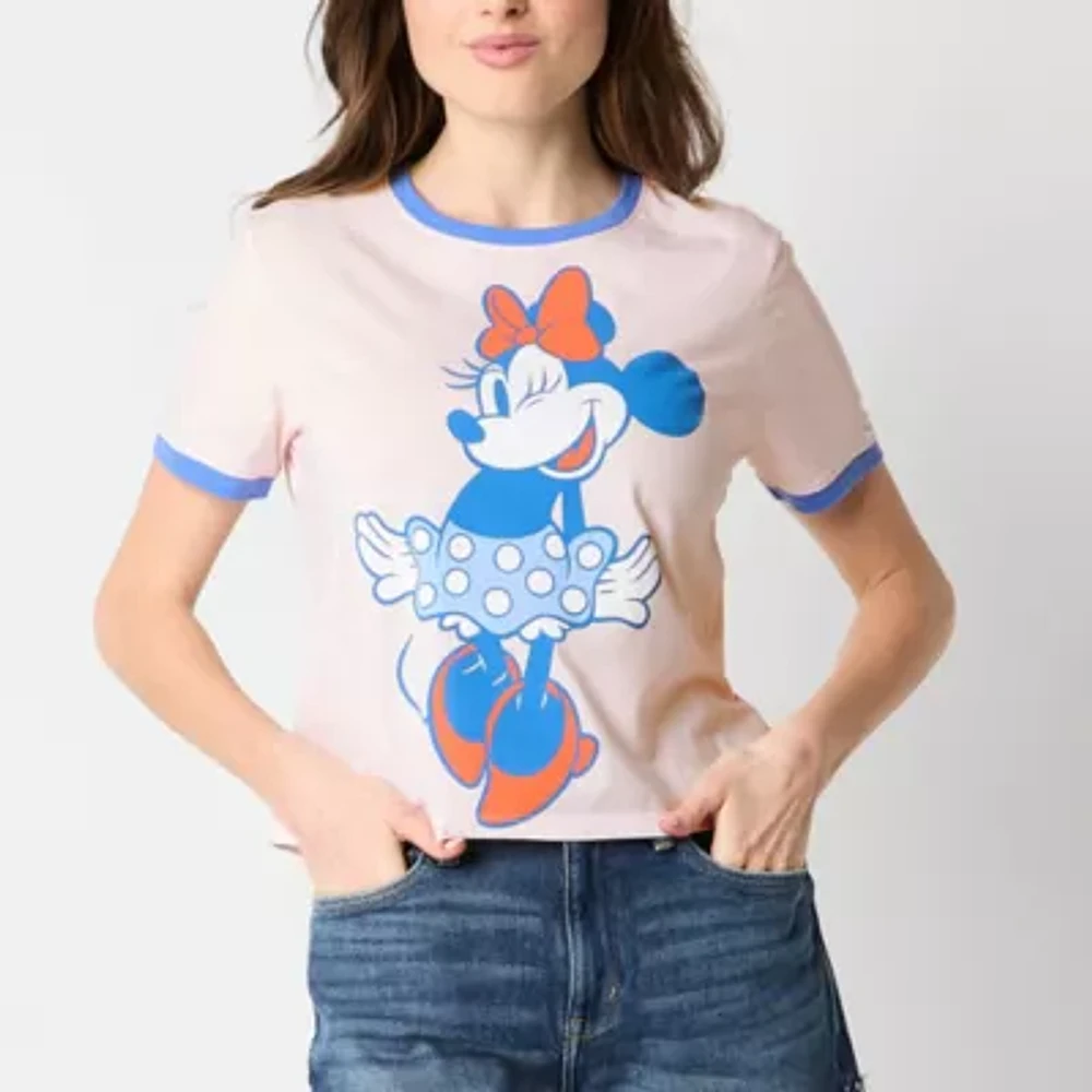 Womens Crew Neck Short Sleeve Fitted Minnie Mouse Juniors Graphic T-Shirt