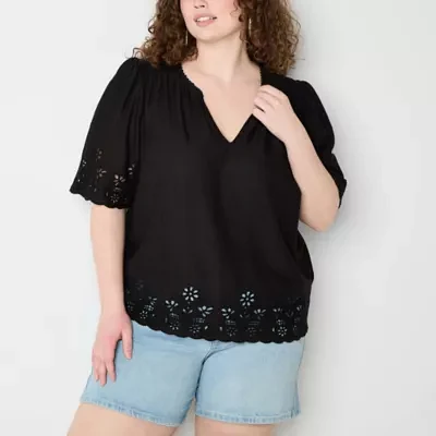 a.n.a Eyelet Womens Split Crew Neck Elbow Sleeve Plus Blouse
