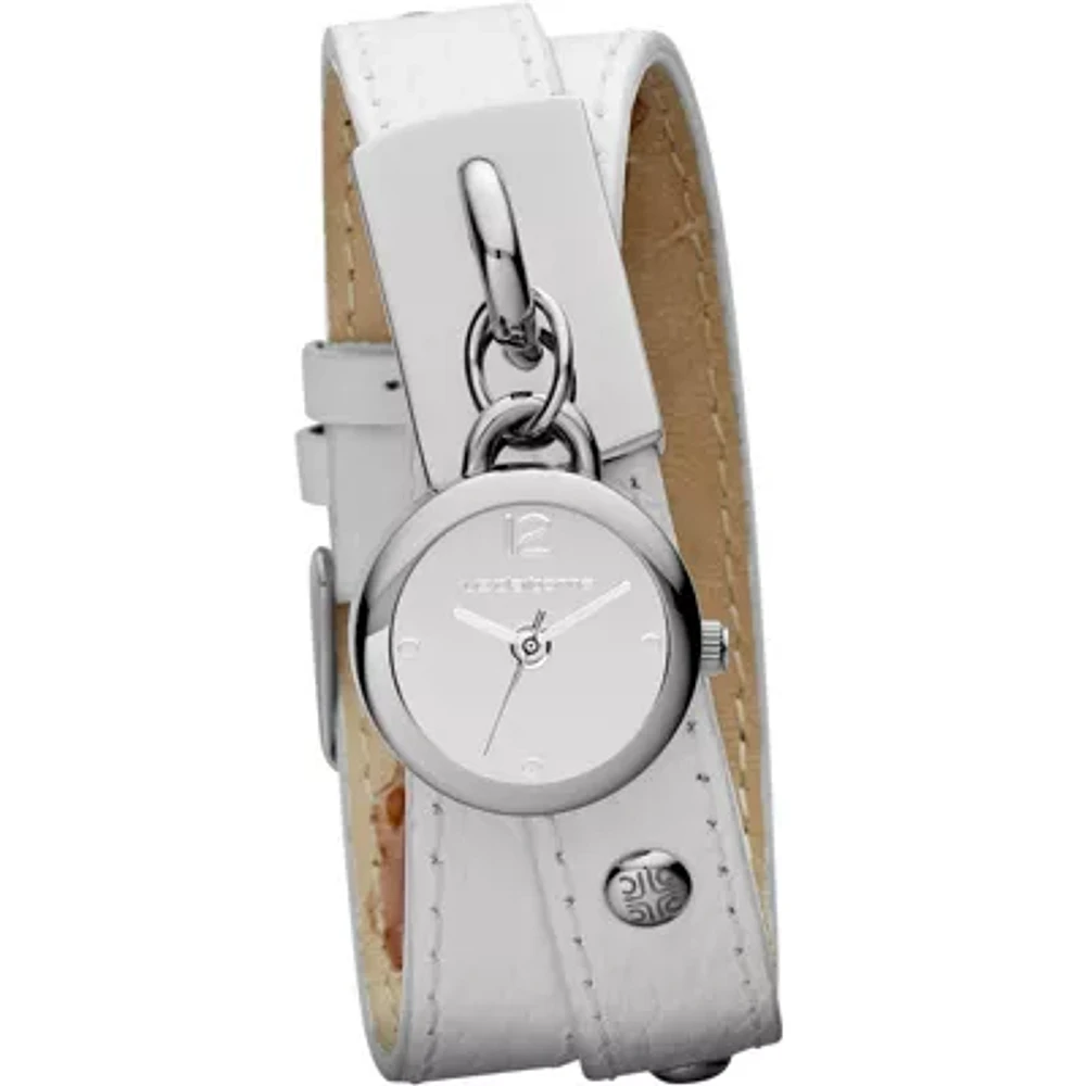 Liz Claiborne Womens White Leather Double-Wrap Charm Watch